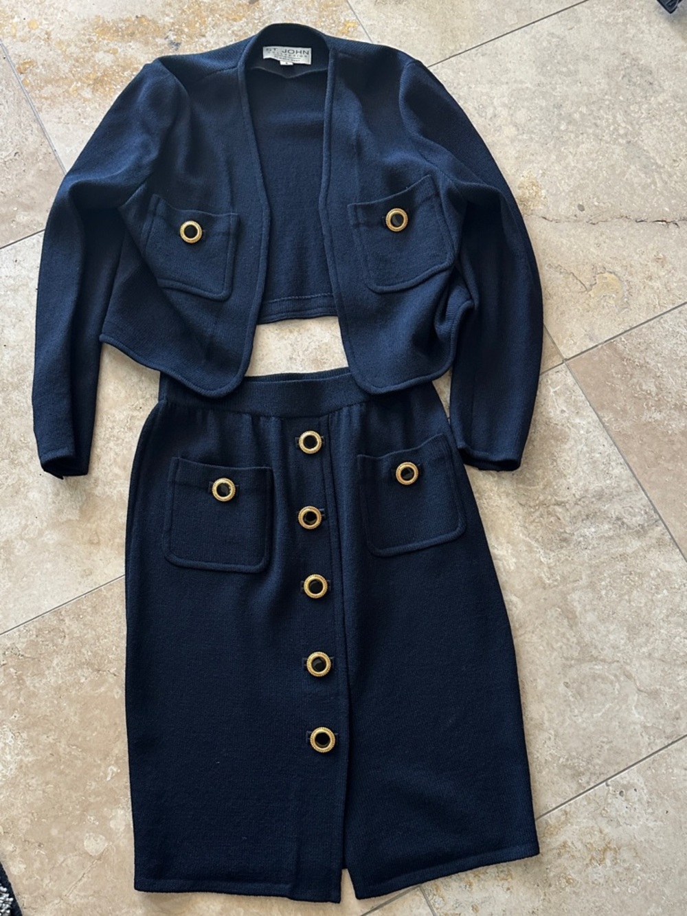 St. John Knit Two-Piece Skirt Set with Gold-Tone Buttons